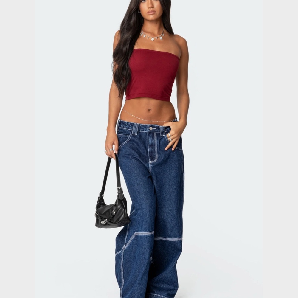 Edikted Dark Blue Wide Leg Flare Jeans - Picture 2 of 13